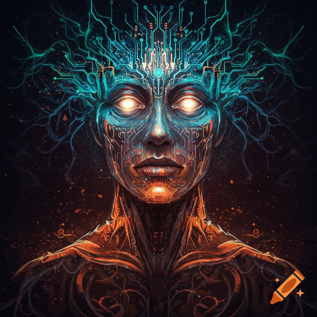 Portrait of a futuristic figure with glowing eyes and circuit patterns on skin and head in digital art style