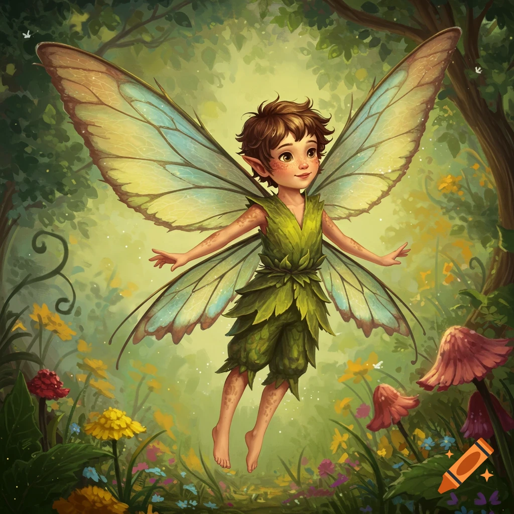 A young fairy boy with large wings floats in a sunlit forest clearing ...