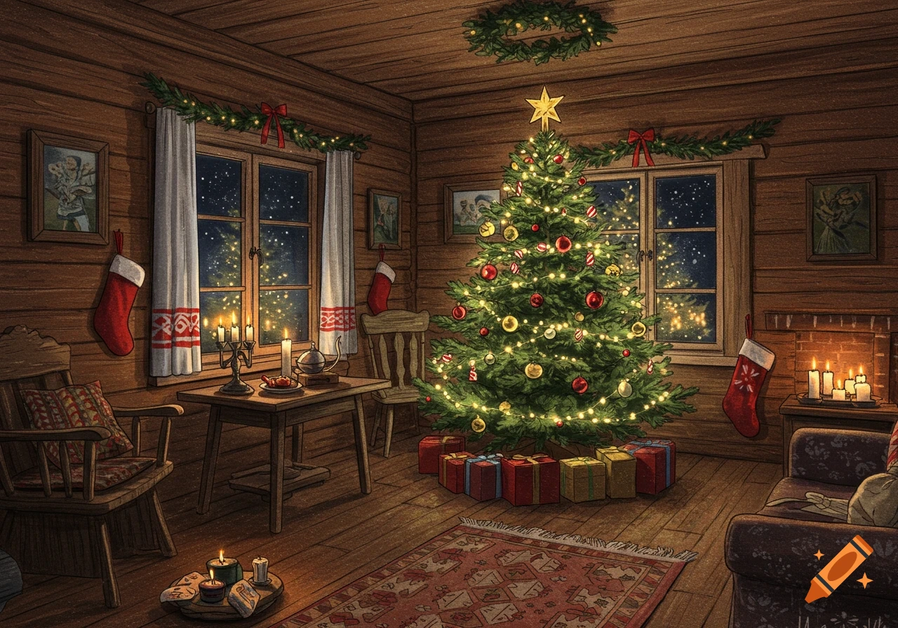 Cozy Christmas living room in a log cabin with a decorated tree, presents, fireplace, and candles in an illustration style.