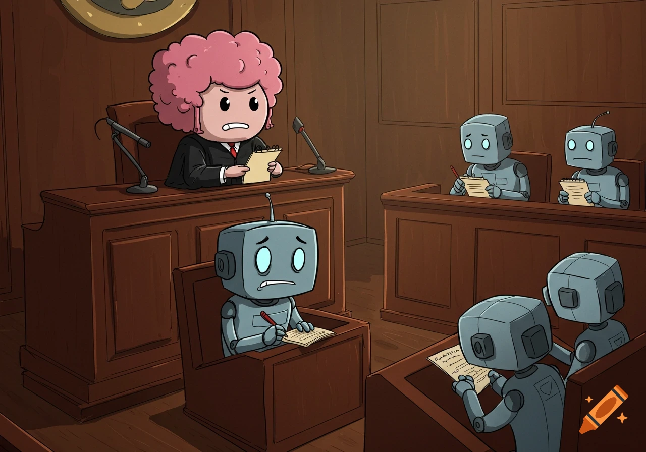 Cartoon courtroom with a judge in a pink afro wig and robots as defendant and jury.