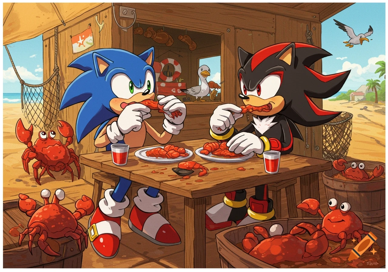 Cartoon illustration of Sonic and Shadow eating seafood at a beach shack with crabs.