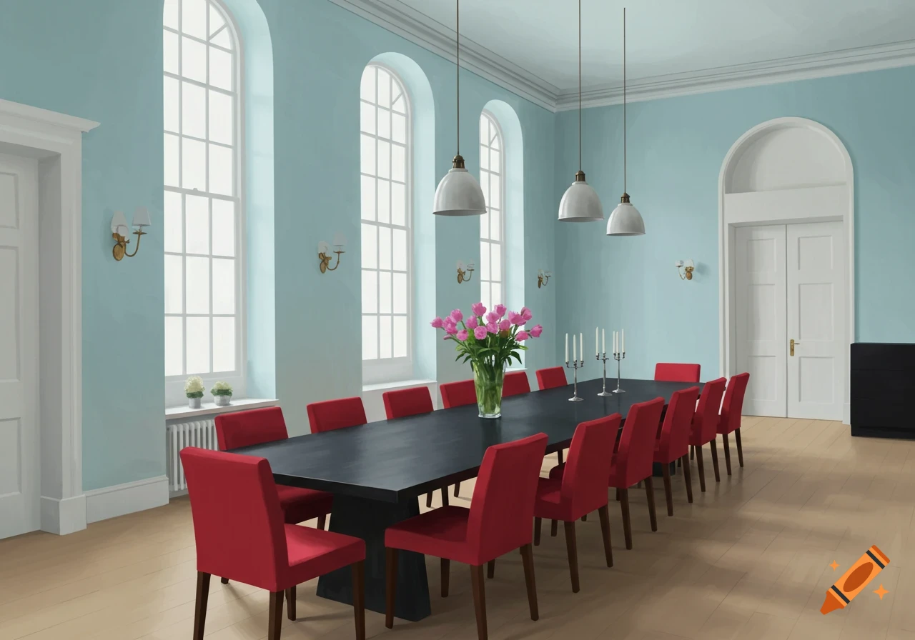 A large dining room with light blue walls, tall arched windows, a long black table, and red chairs.