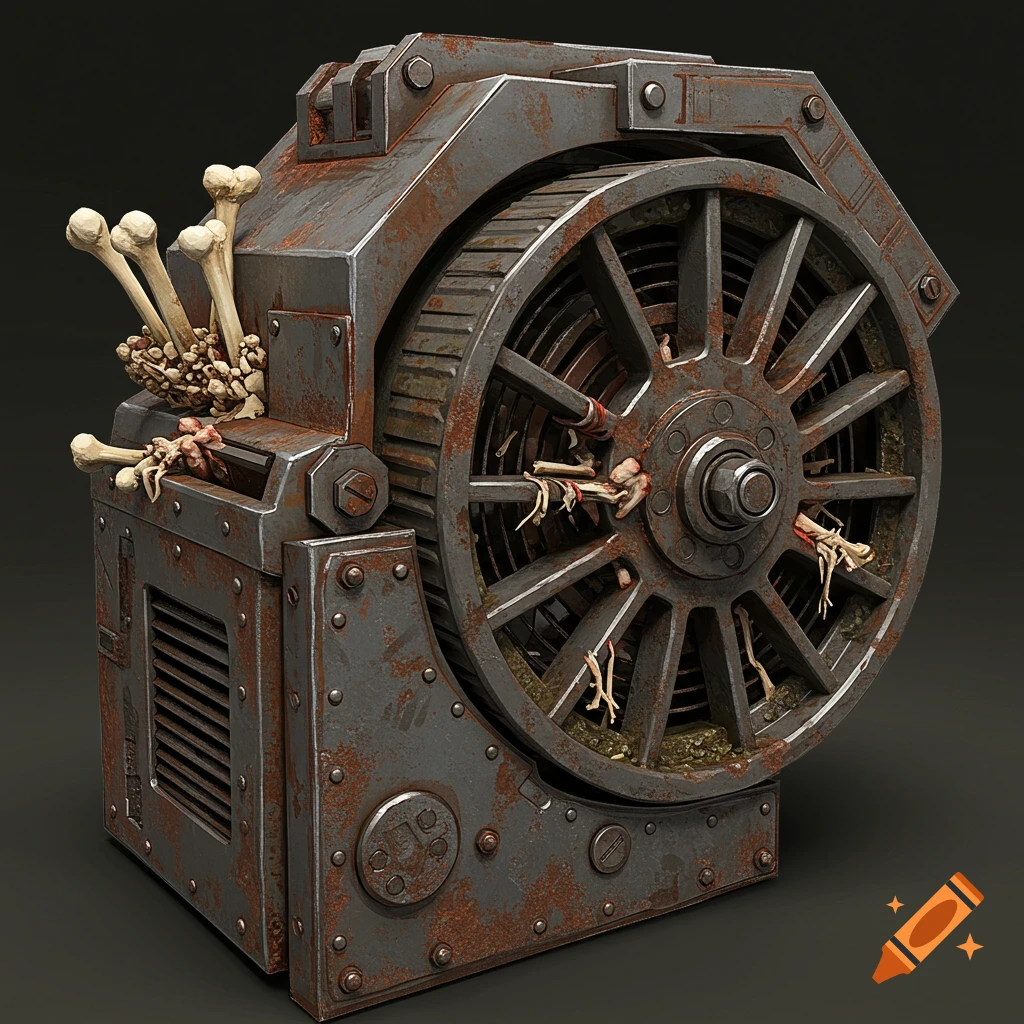 A rusty, grimy industrial bone grinder with bones stuck in the mechanism.