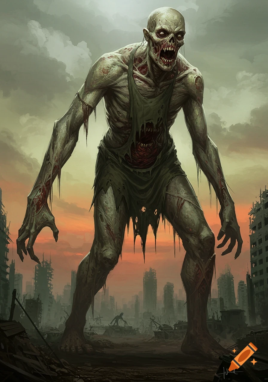 A giant, decaying zombie with exposed ribs stands in a ruined city under a dark sky.
