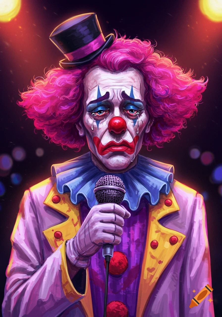 Portrait of a sad clown in makeup and costume holding a microphone under spotlights