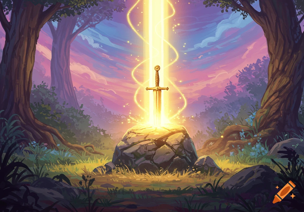 A glowing sword is embedded in a rock in a forest clearing during a colorful sunset.