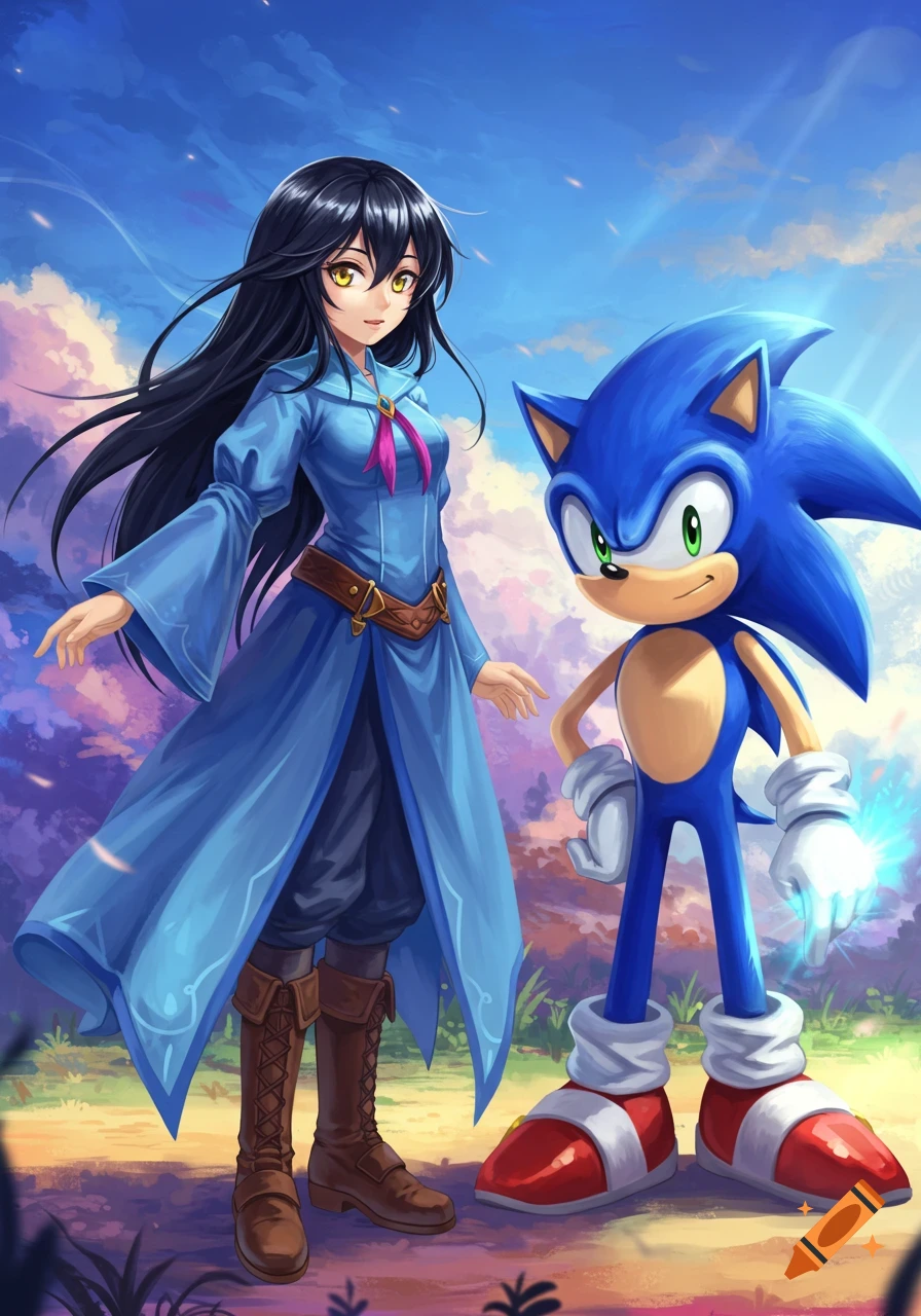 Sonic the Hedgehog stands next to an anime girl in a blue robe against a vibrant sky.