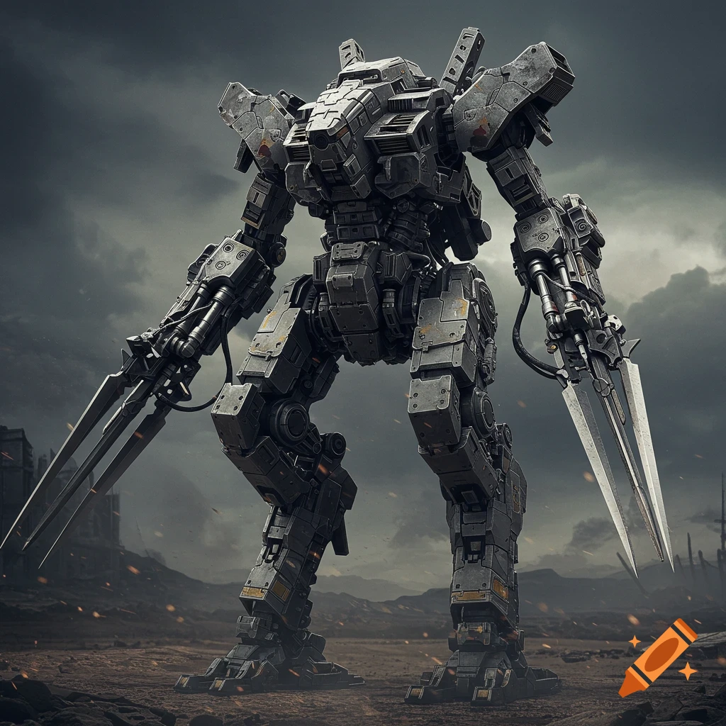 Detailed realistic mecha with blade arms stands in a ruined landscape
