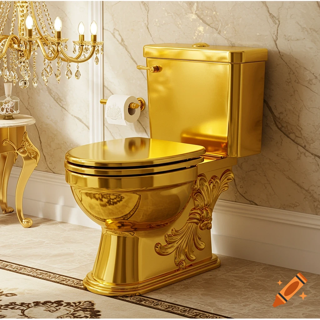 A shiny golden toilet in a luxurious bathroom setting with marble walls.