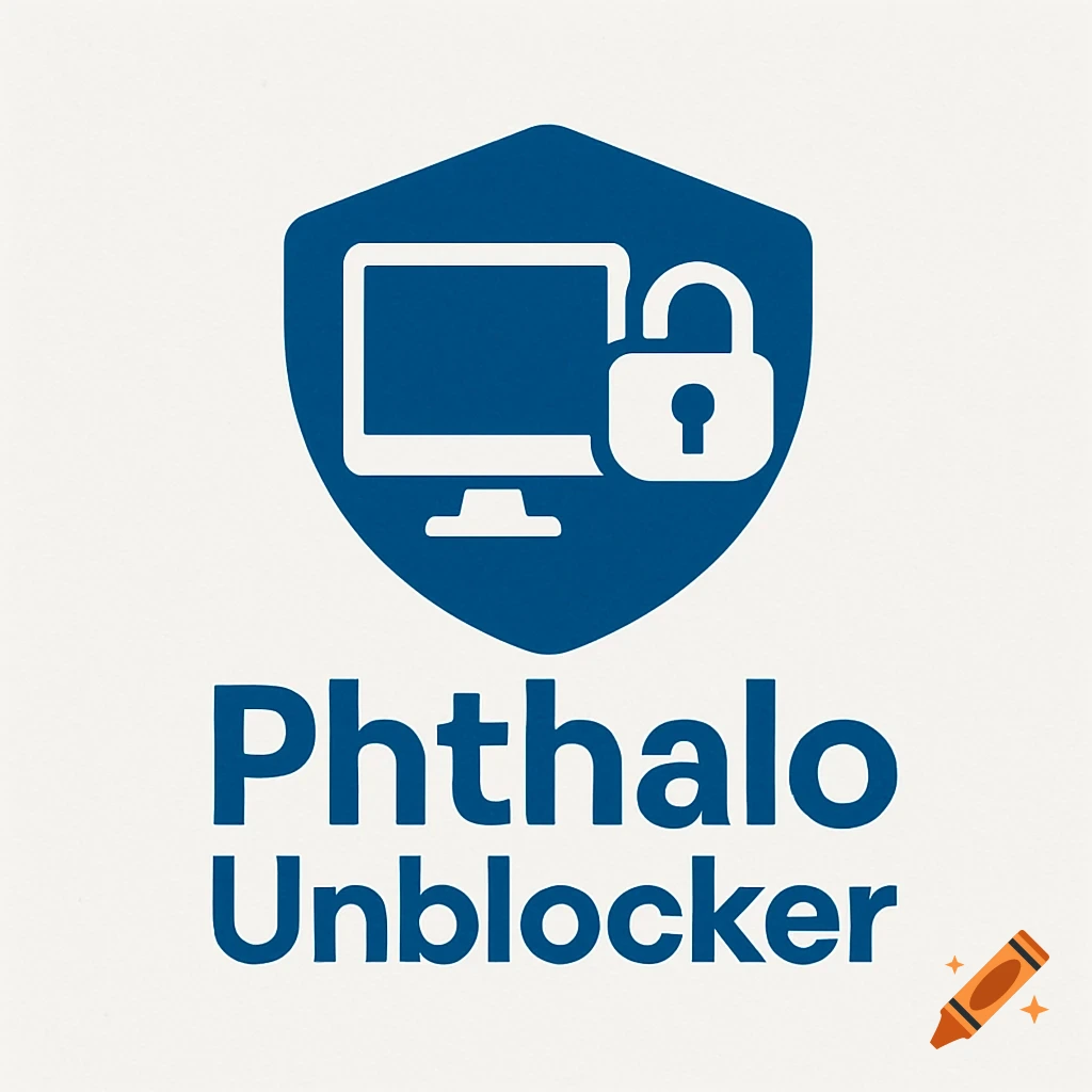 Logo for Phthalo Unblocker featuring a blue shield icon with a computer and a lock above the text.