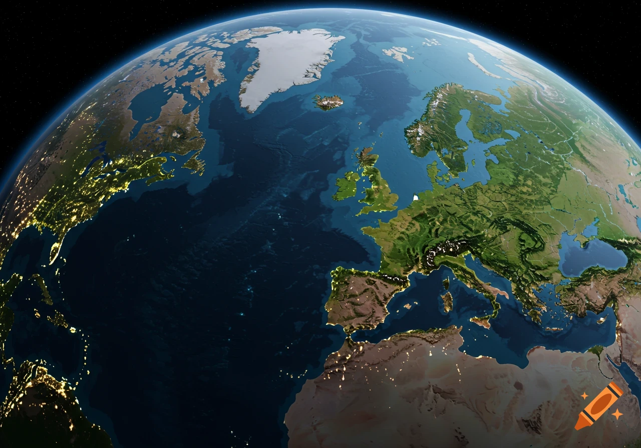 A 3D map rendering of Earth from space focusing on Europe and the Atlantic, with city lights visible.