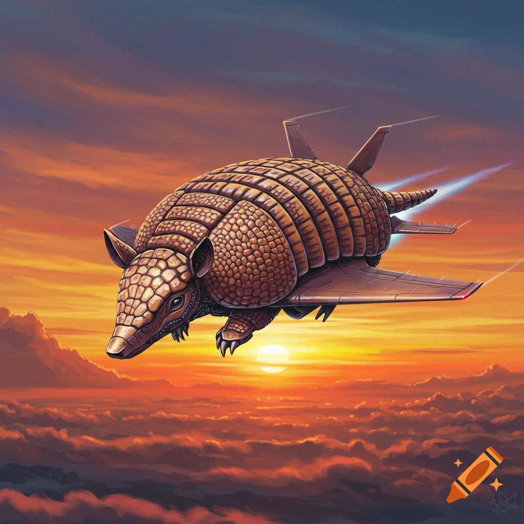 A surreal armadillo-shaped jet flies above clouds at sunset.