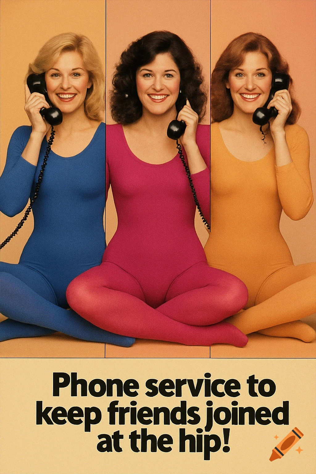 1980s phone ad with three women in colorful leotards talking on phones. Text: 'Phone service to keep friends joined at the hip!'