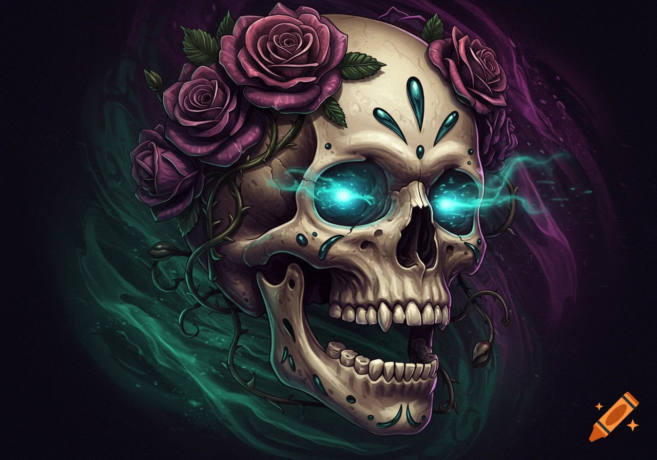 A stylized skull decorated with purple roses and thorny vines, with glowing blue eyes, set against a swirling dark background.