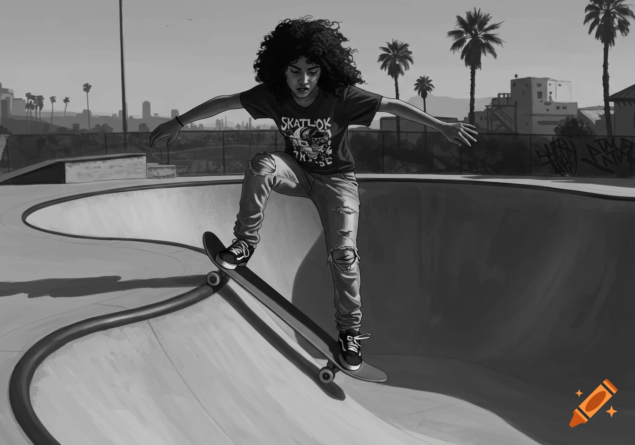 Black and white drawing of a person skateboarding in a skatepark