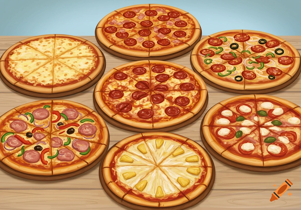 Seven stylized pizzas on a wooden table