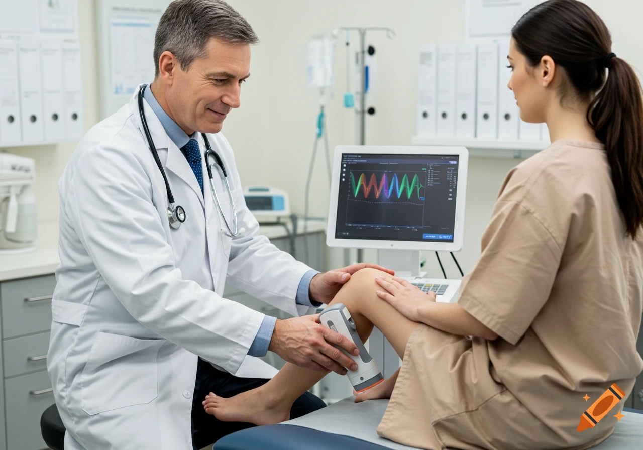 Doctor scans patient's leg with a medical device while viewing results on a monitor.