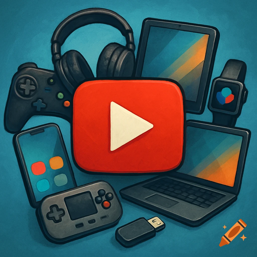 YouTube logo surrounded by tech gadgets like a controller, headphones, phone, and laptop, stylized illustration
