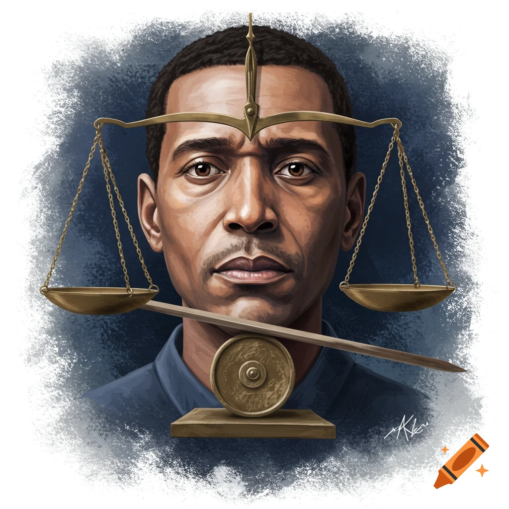 Illustrated portrait of a man with scales representing justice overlaid.