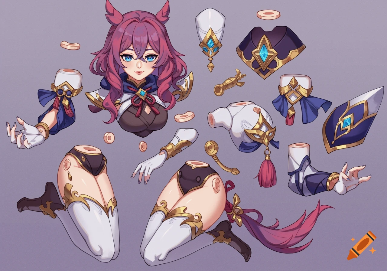 Anime style doll parts of a character, likely Furina from Genshin Impact, displayed disassembled.