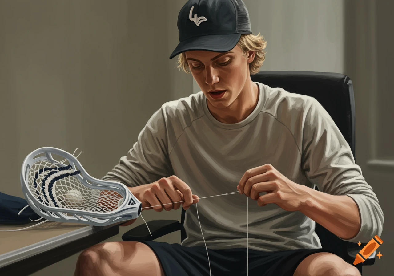 Young man stringing a lacrosse stick at a desk. Wearing a hat and long-sleeve shirt. Realistic art.