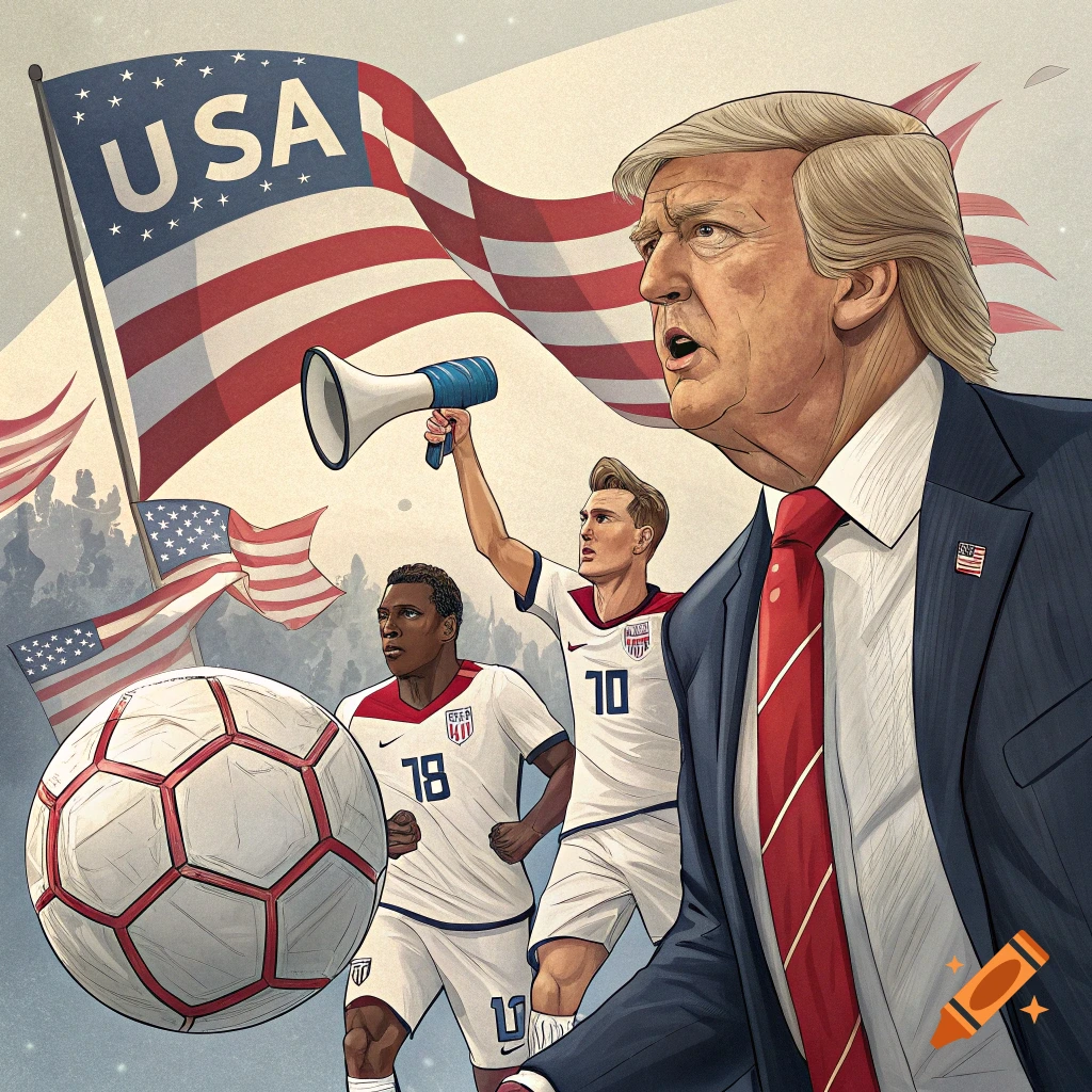 Illustration of Donald Trump speaking with USA soccer players and flags behind him.