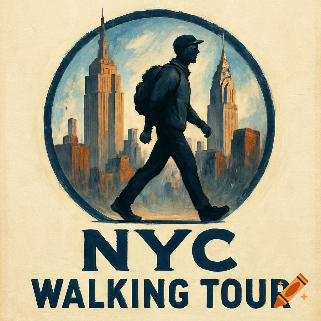 Painterly logo with a person walking before NYC skyscrapers and 'NYC WALKING TOUR' text.