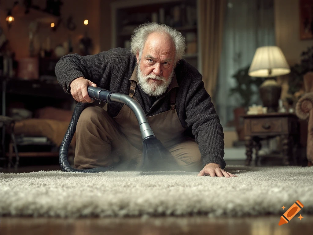 Older man vacuuming a fluffy rug on his hands and knees in a photorealistic style.