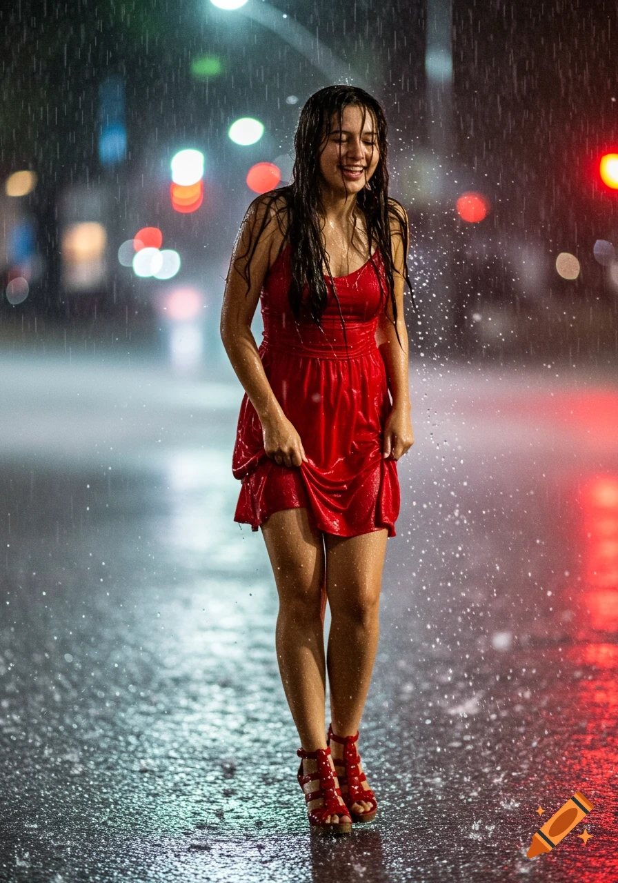 A woman in a red dress stands smiling in the rain with blurred city lights behind her.