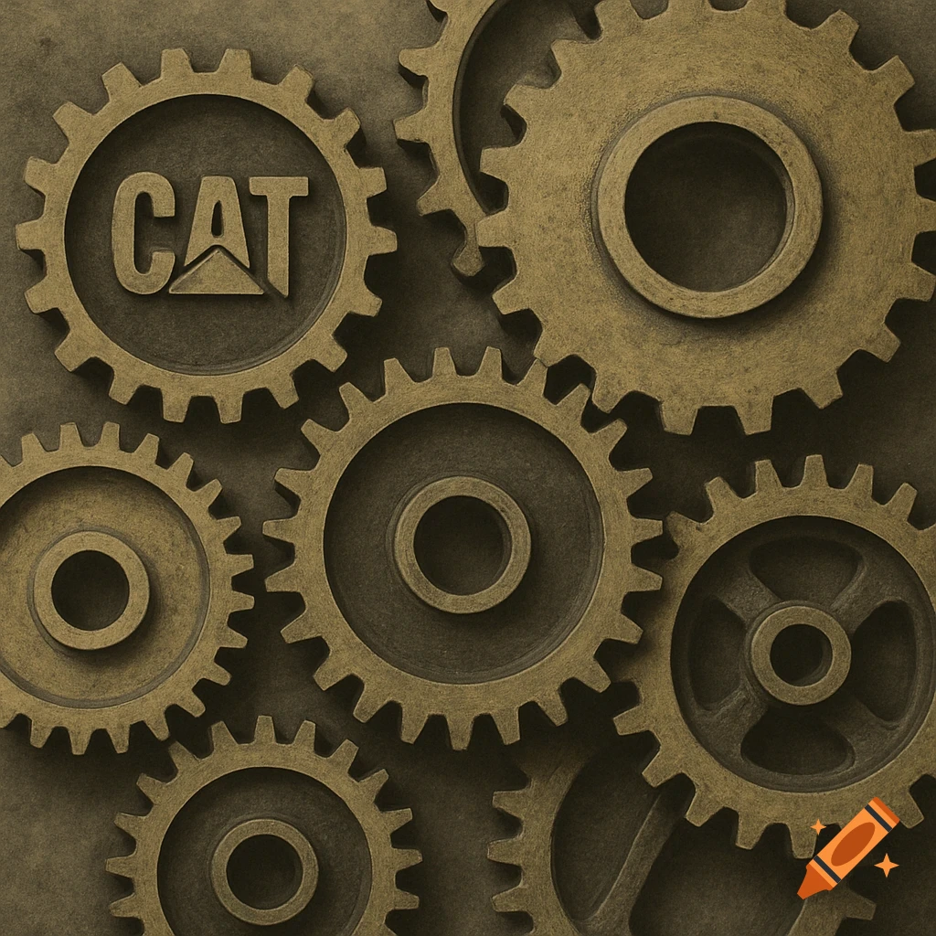 Closeup of several meshing gears in a muted gold and bronze metallic color, with the CAT logo on one gear.