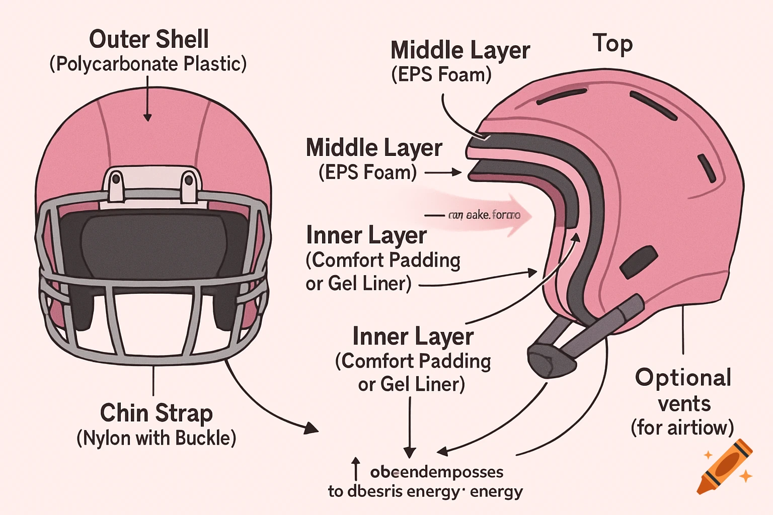 Diagram showing the layers and parts of a pink football helmet.