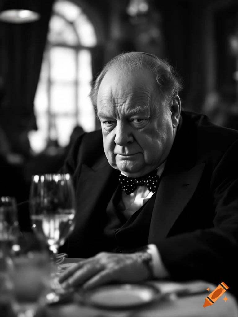 Black and white portrait of a man resembling Winston Churchill in a suit and bow tie at a table.