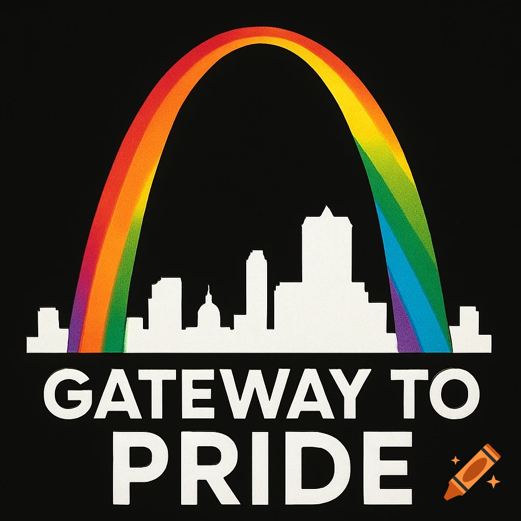 St. Louis skyline silhouette under a rainbow colored Gateway Arch on a black background, with the text "GATEWAY TO PRIDE".