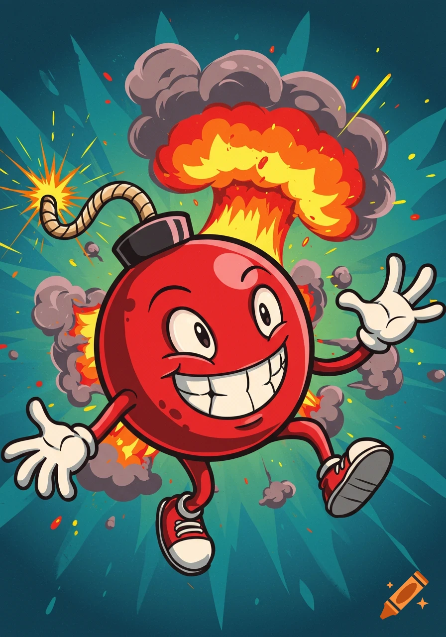 Cartoon red bomb character running with an explosion behind it.