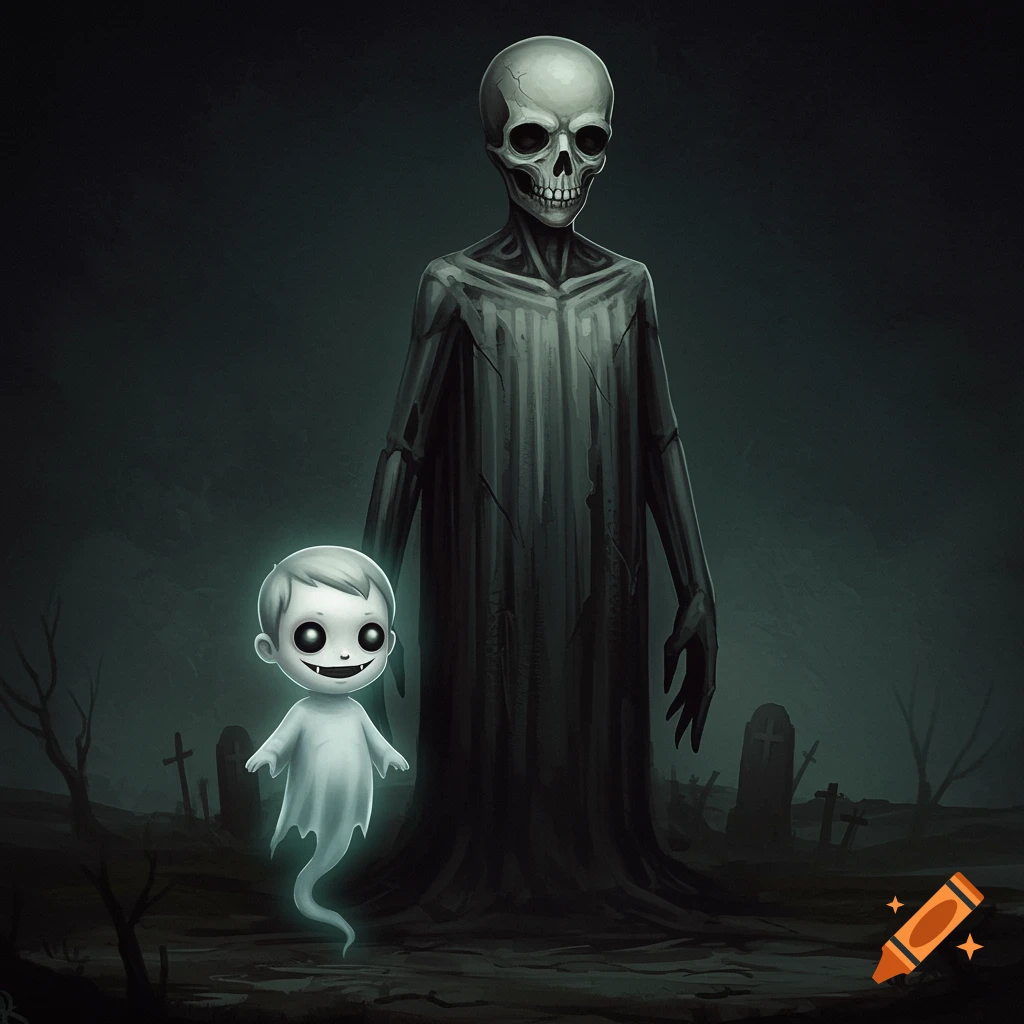 Large skeletal figure and small cartoon ghost in a dark graveyard illustration.