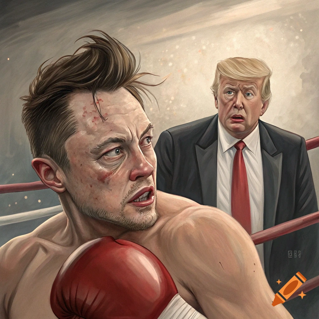 Illustration of Elon Musk in a boxing ring with a black eye, with Donald Trump watching.