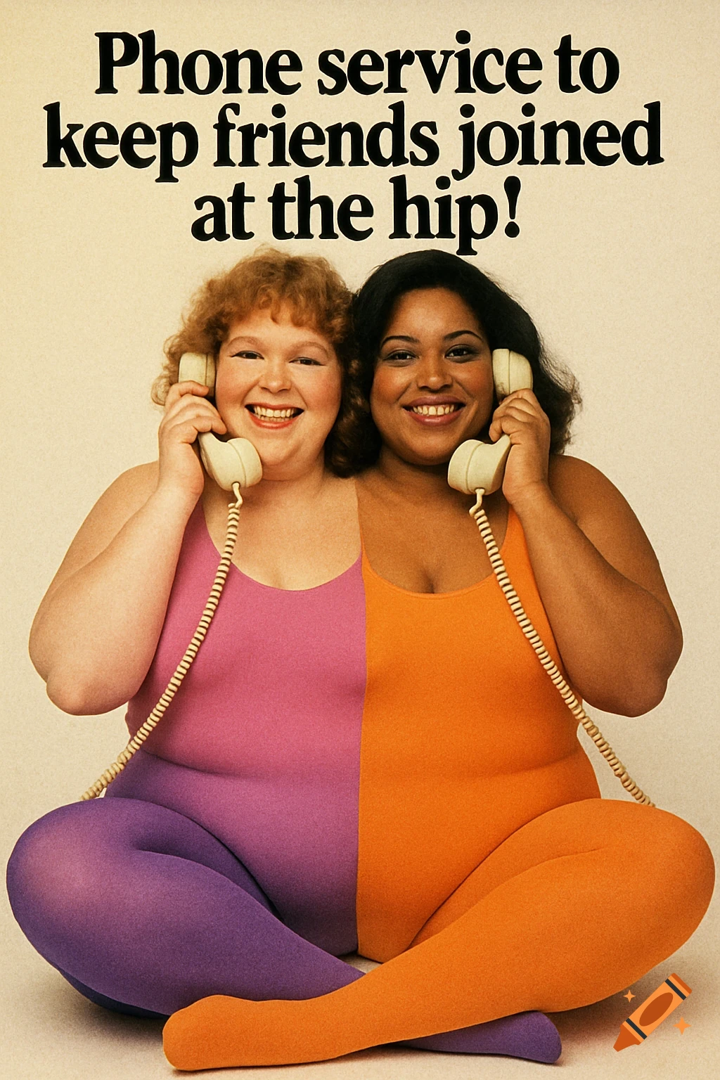 Retro ad shows two women merged into one body using phones