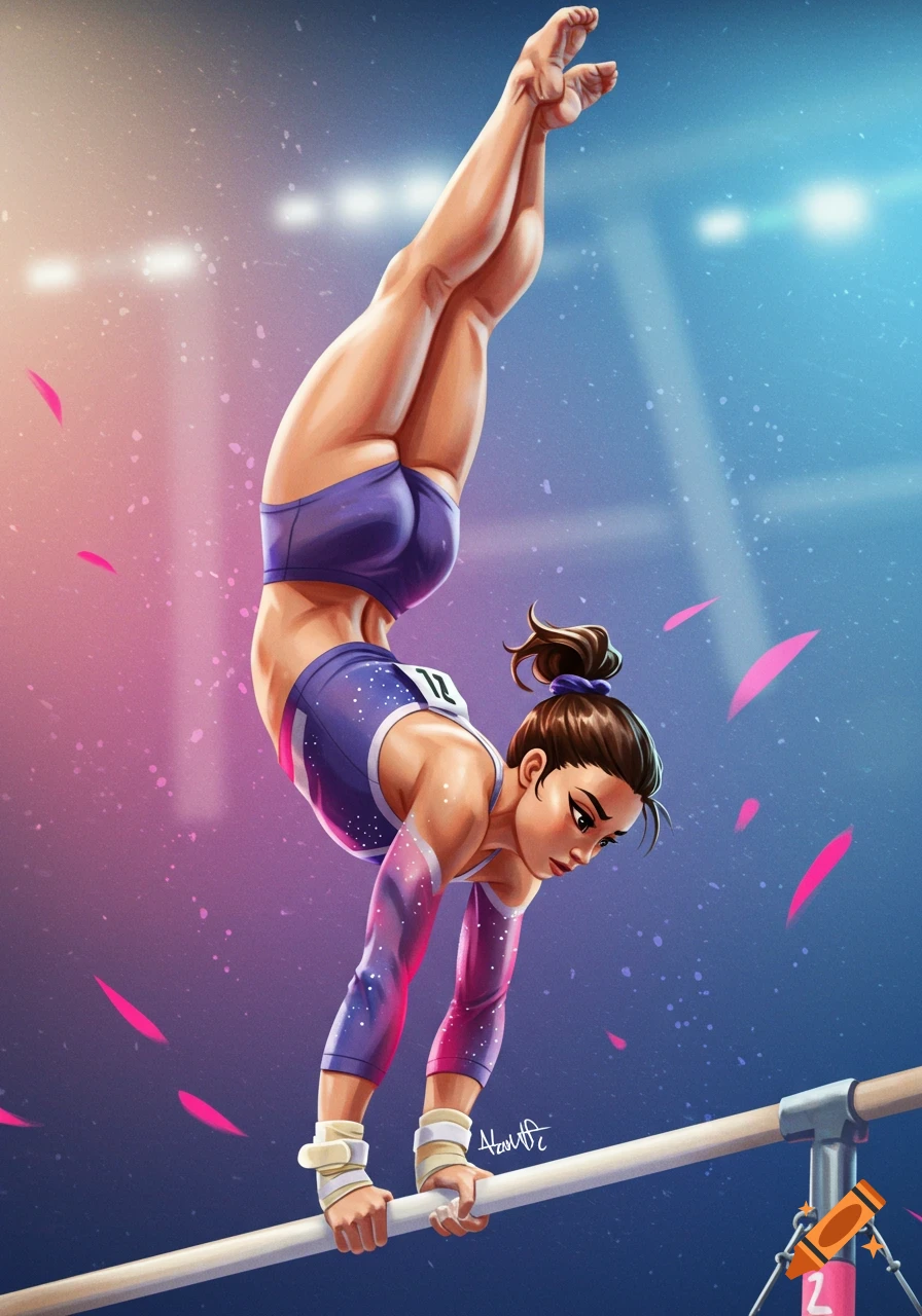 Illustration of a female gymnast performing a handstand on uneven bars.