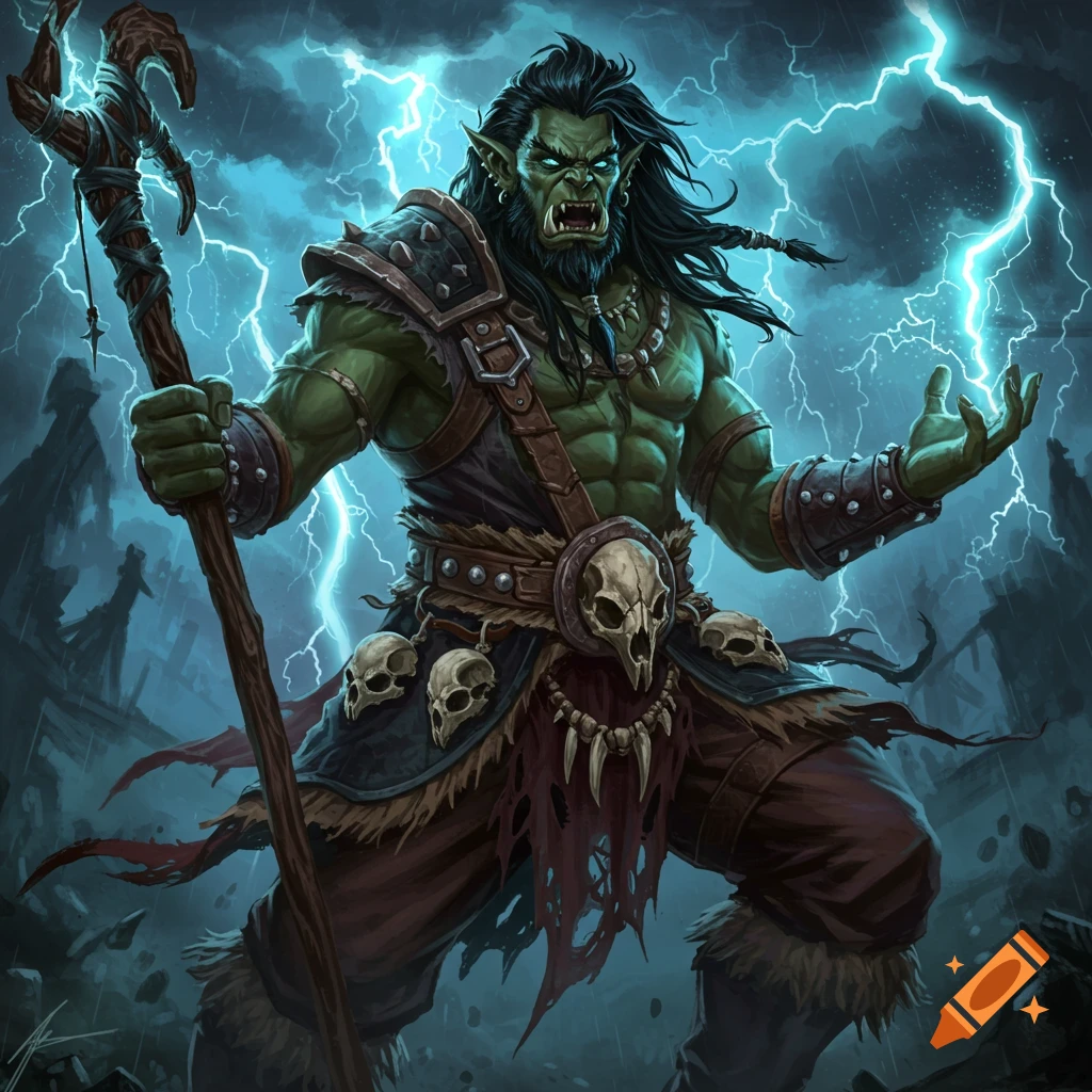 An intimidating orc sorcerer summons lightning during a stormy night.