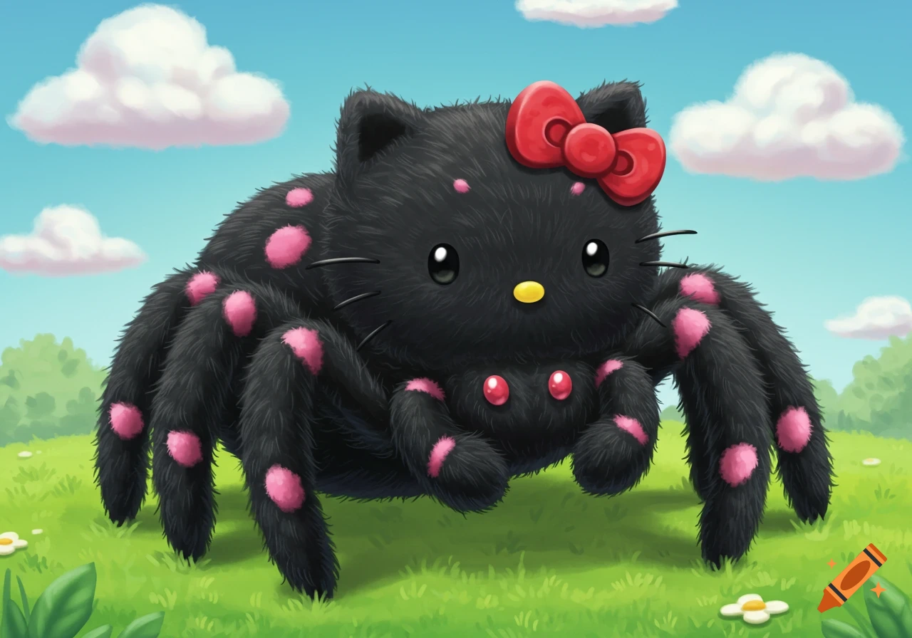 A black fluffy spider with pink spots and a red bow looks like Hello Kitty, in a grassy field