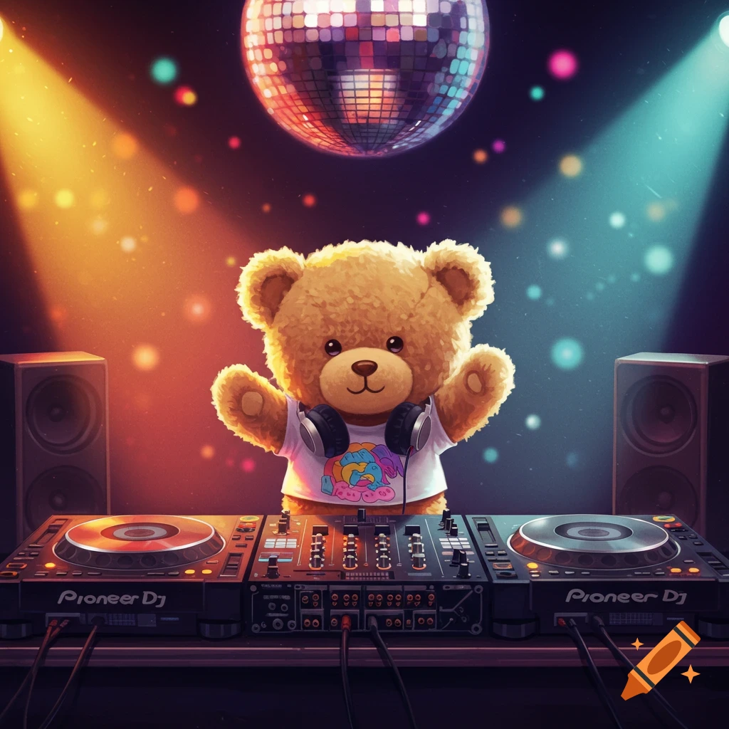 A cute teddy bear wearing headphones stands behind DJ decks with a disco ball above.