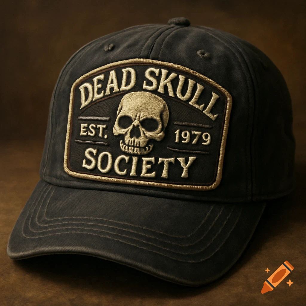 A close-up photorealistic image of a dark baseball cap with an embroidered patch featuring a skull and the text "DEAD SKULL SOCIETY EST. 1979".