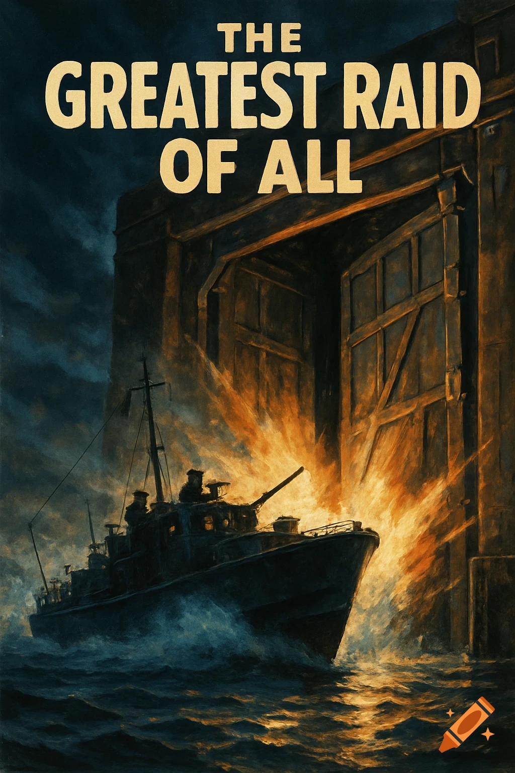 Movie poster of a World War 2 gunboat attacking dock doors with explosions