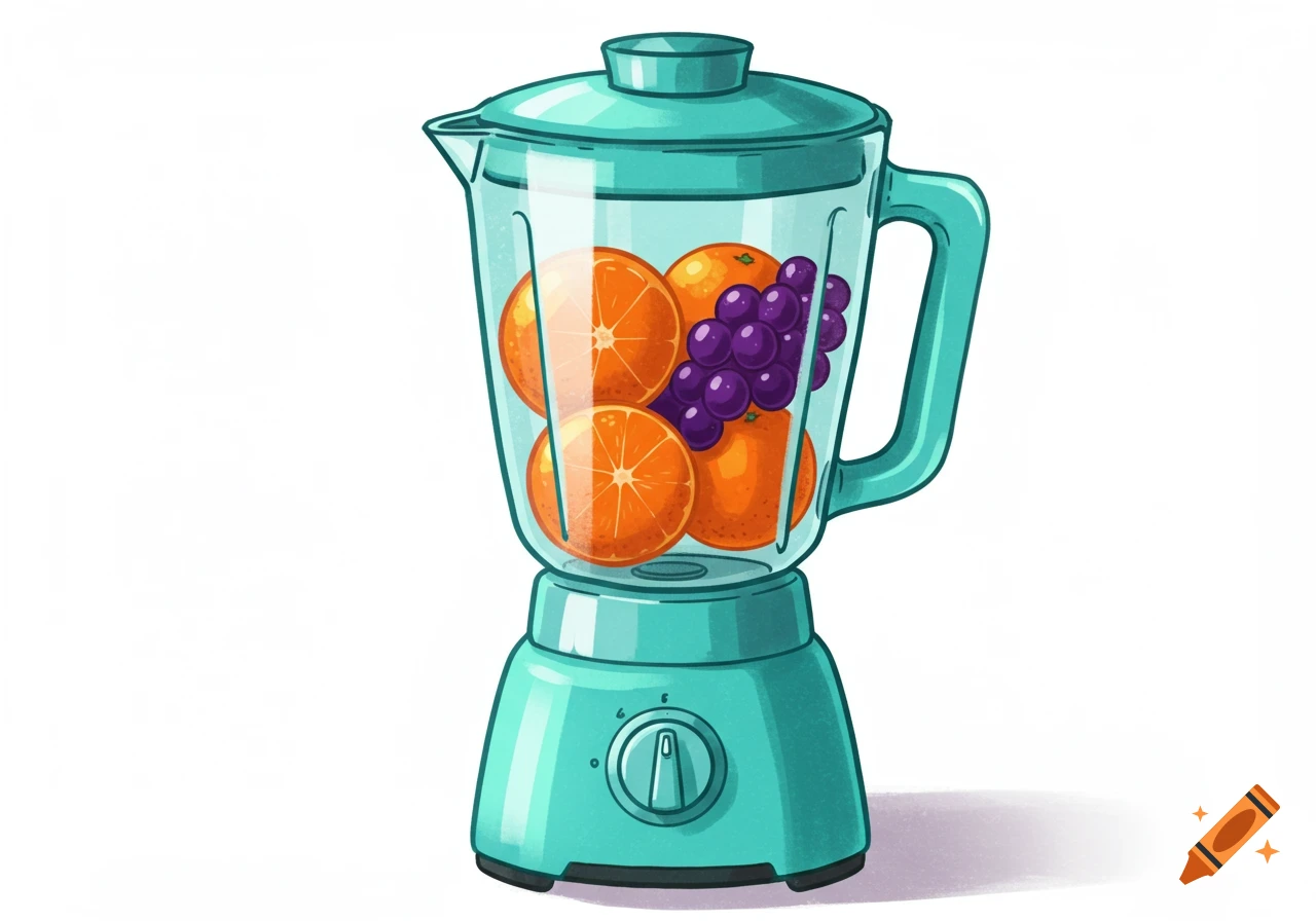 A cartoon illustration of a turquoise blender filled with oranges and grapes on a white background.