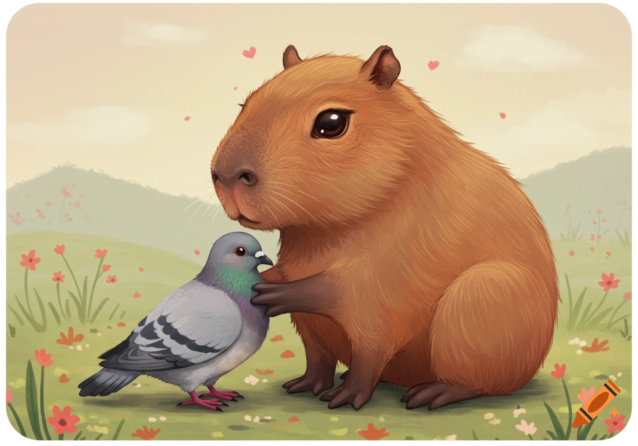A cute capybara hugs a pigeon in a field of flowers. Illustration.