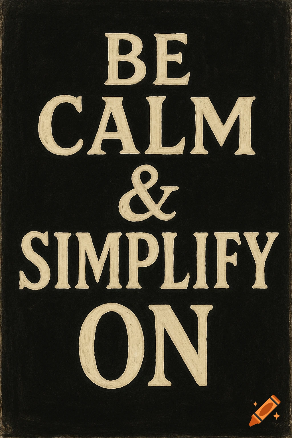 Sign with white chalk-like text 'BE CALM & SIMPLIFY ON' on a black background.