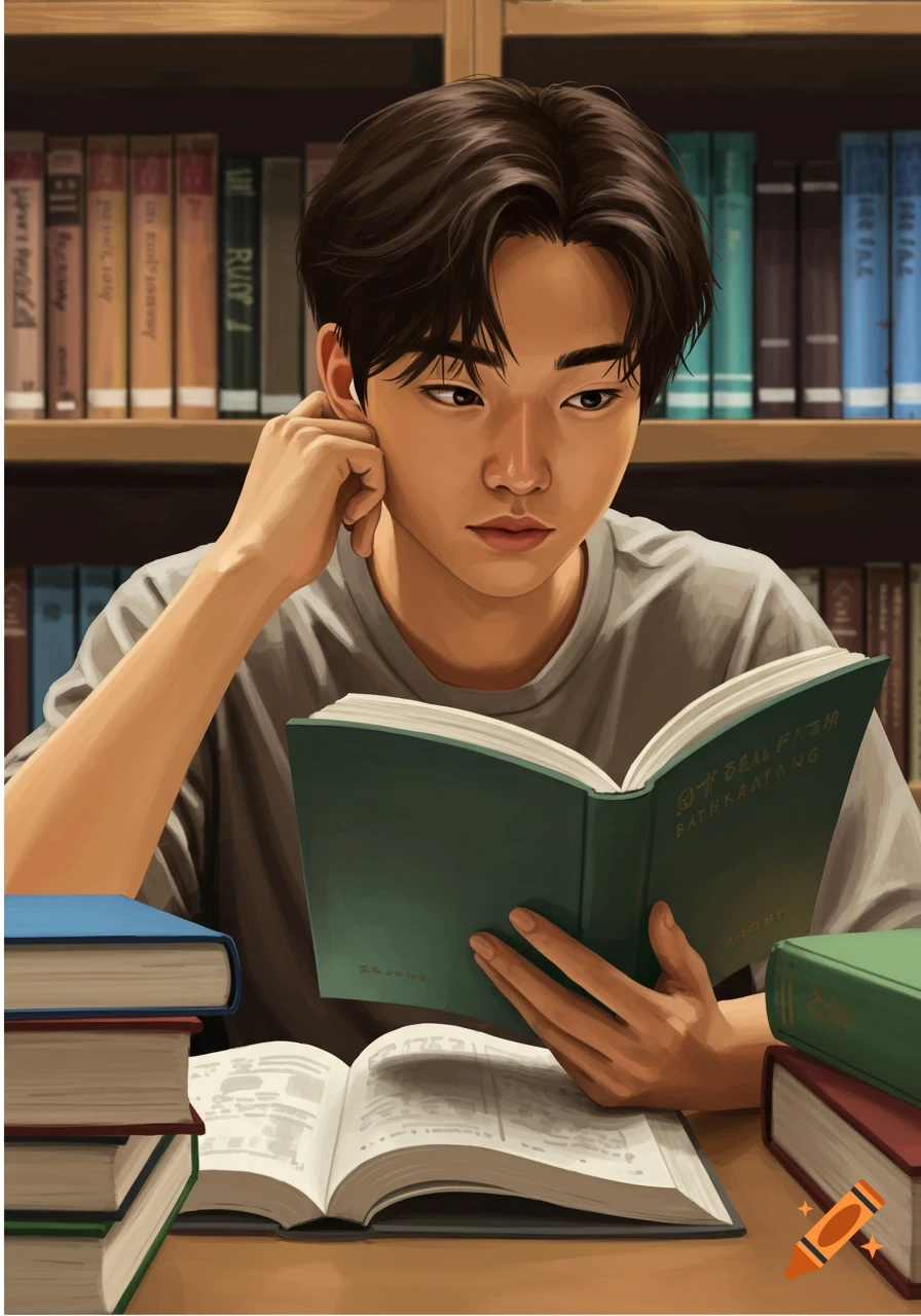 Person reading a book in a library.