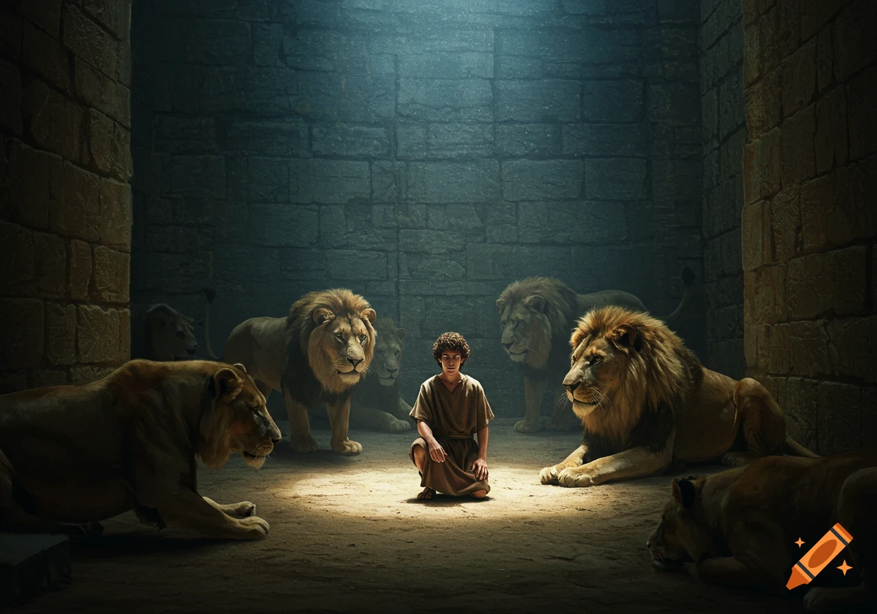 Young man kneels among lions in a dimly lit stone den, lit by a beam of light.
