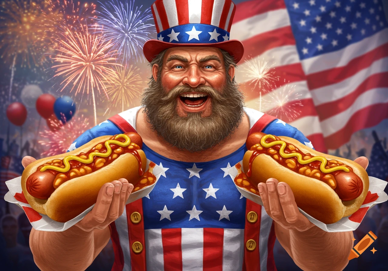 American patriot holding hot dogs with baked beans, flags and fireworks in background