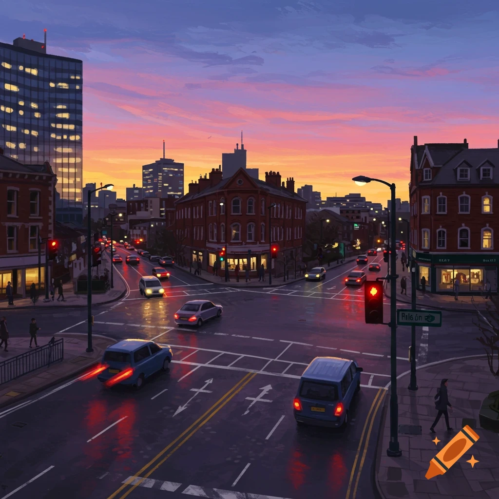 Urban intersection with cars and buildings at sunset, digital painting.